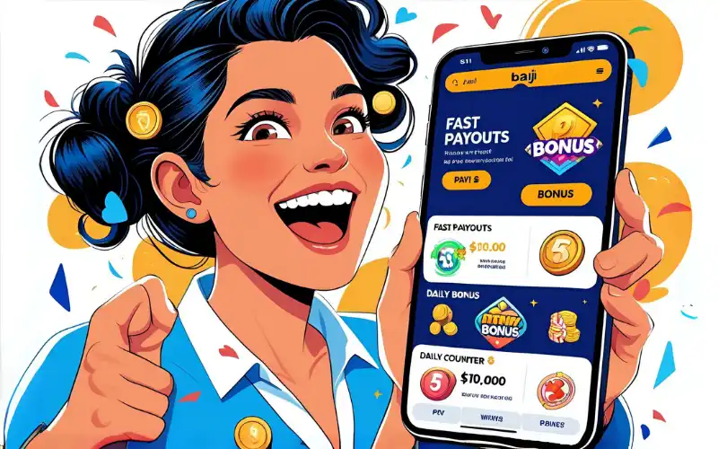 Phone screen showing baji apps login interface with money raining down and win notifications.