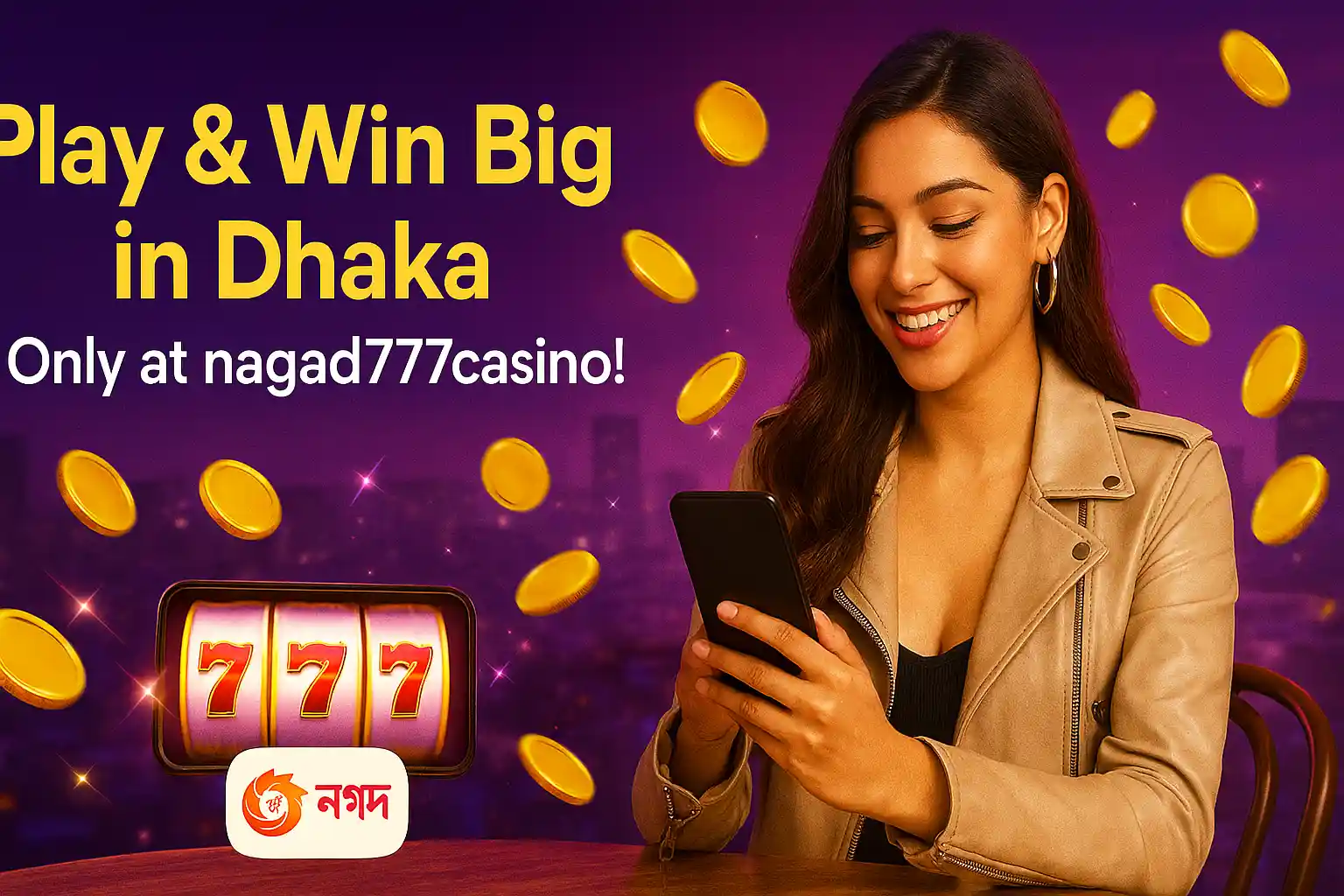 "Sexy woman playing slots on nagad777casino at a café in Dhaka, winning big with Bangladeshi Taka flying across the screen."