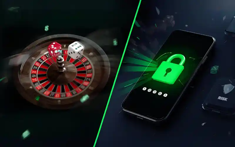 Roulette wheel mid-roll representing risk and smartphone with padlock showing secure login for baji999 affiliate