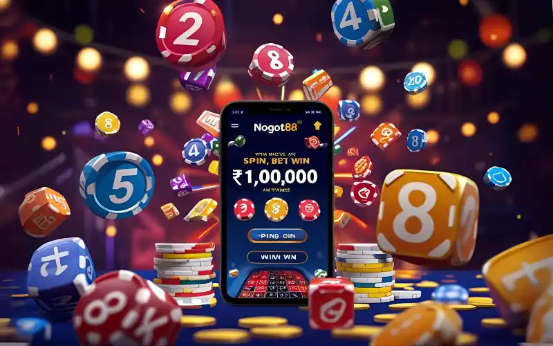 Mobile screen showing nogot88 app with colorful dice and coins — spin, bet, and win ₹1,00,000 on the go.