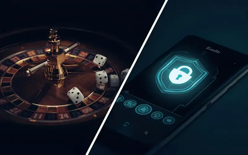 "Roulette wheel and dice showing gambling risk beside a smartphone with padlock representing security."