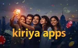 "Young people celebrating with a smartphone in Dhaka, confetti and casino elements, 'kiriya apps' overlay."