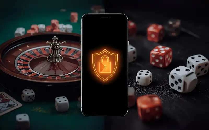 Casino roulette wheel and dice rolling symbolizing risk, alongside a smartphone with padlock/shield symbolizing secured gaming. 