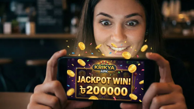 Excited player celebrating huge casino win with gold coins flying around, vibrant casino lights in the background, using krikya apk 
