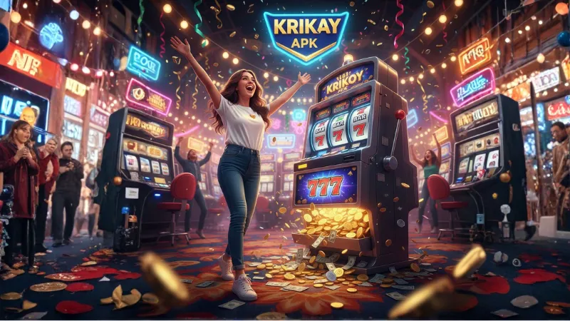 Slot machine reels hitting jackpot with krikya apk logo shining, festive casino environment 